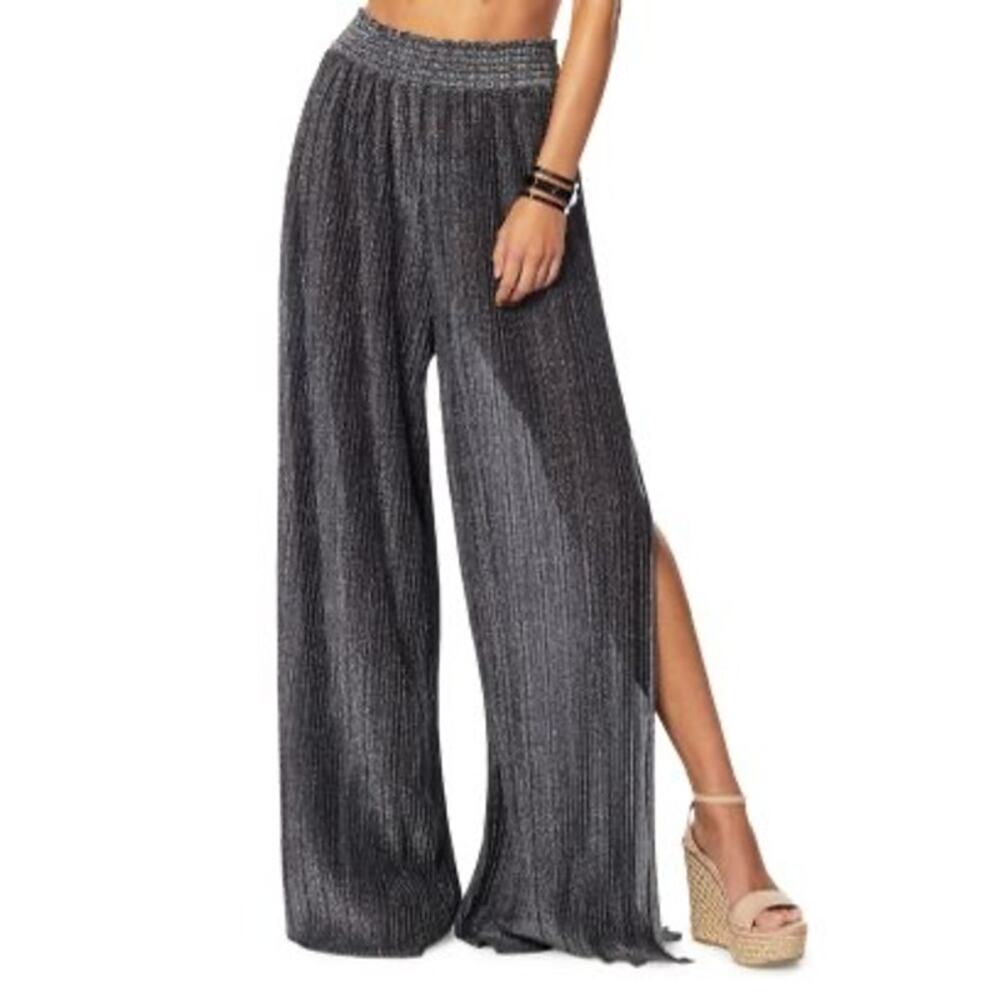 NWT Ramy Brook Pleated Athena Cover Up Pants Black Silver Metallic Knit Wide Leg